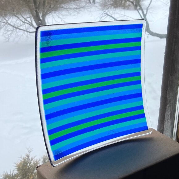 Striped Glass Square Platter Craftsman Made - Picture 1 of 4